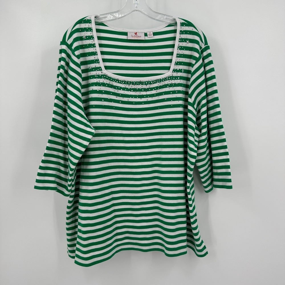Quacker Factory Womens Preppy Nautical Striped Top Size 2X Sparkly Coastal